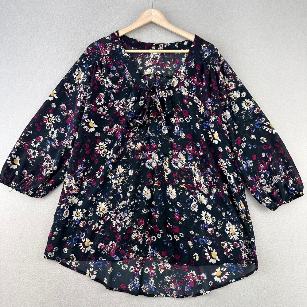 Eyeshadow Floral Blouse‎ Womens 2X Black Tie Neck 3/4 Sleeve High Low Dressy